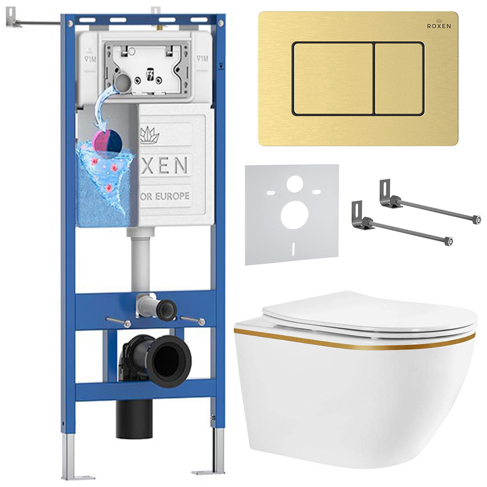 комплект инсталляции roxen 6 в 1 710200 с клавишей смыва steel 420280gb брашированное золото и унитазом antares tornado 530205-01gb-l