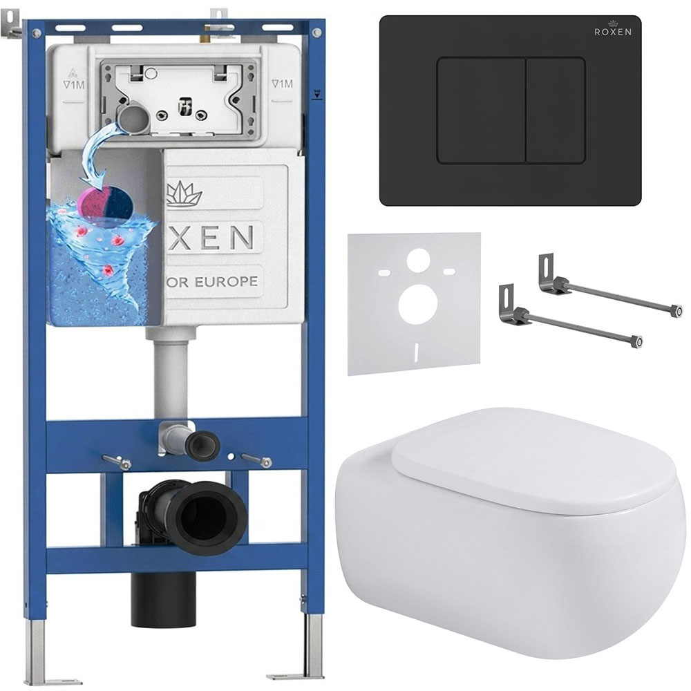 комплект инсталляции roxen 6 в 1 710200 с клавишей смыва roxen steel 420280bm черный и унитазом titan 530230-02