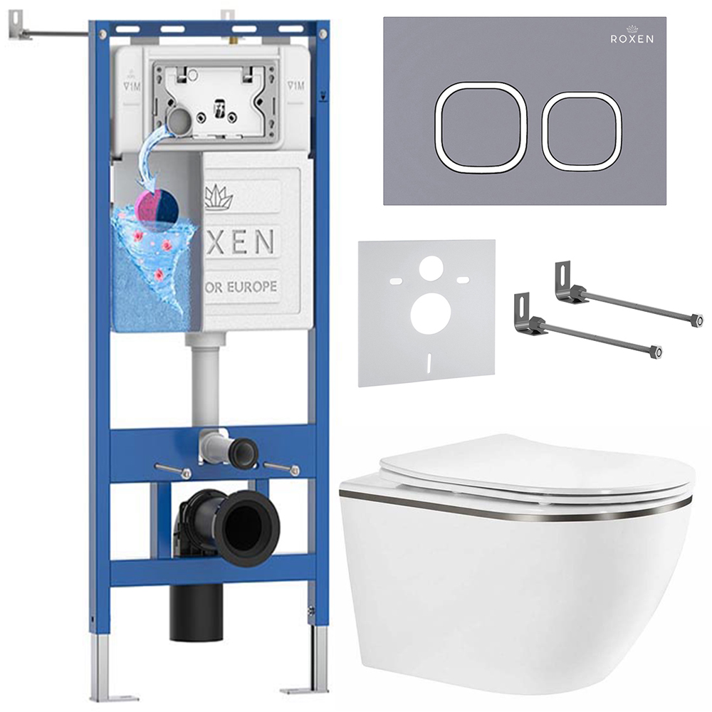 комплект инсталляции roxen 6 в 1 710200 с клавишей смыва santi 410280dg серый бетон и унитазом roxen antares tornado long 530205-01gm-l
