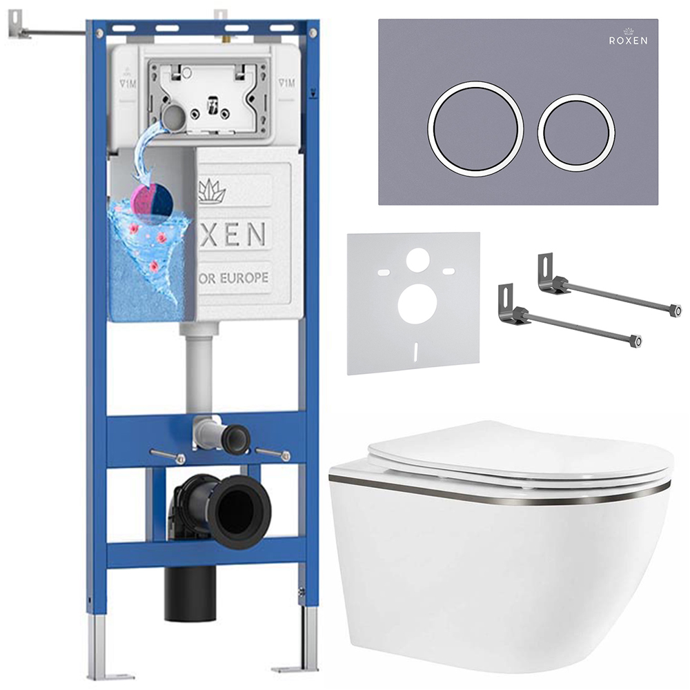 комплект инсталляции roxen 6 в 1 710200 с клавишей смыва santi 410260dg серый бетон и унитазом roxen antares tornado long 530205-01gm-l