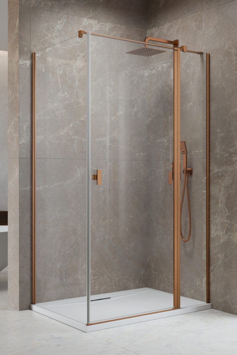 душевой уголок radaway nes brushed copper kdj ii 110x80 правый, стекла прозрачные, профиль брашированная медь