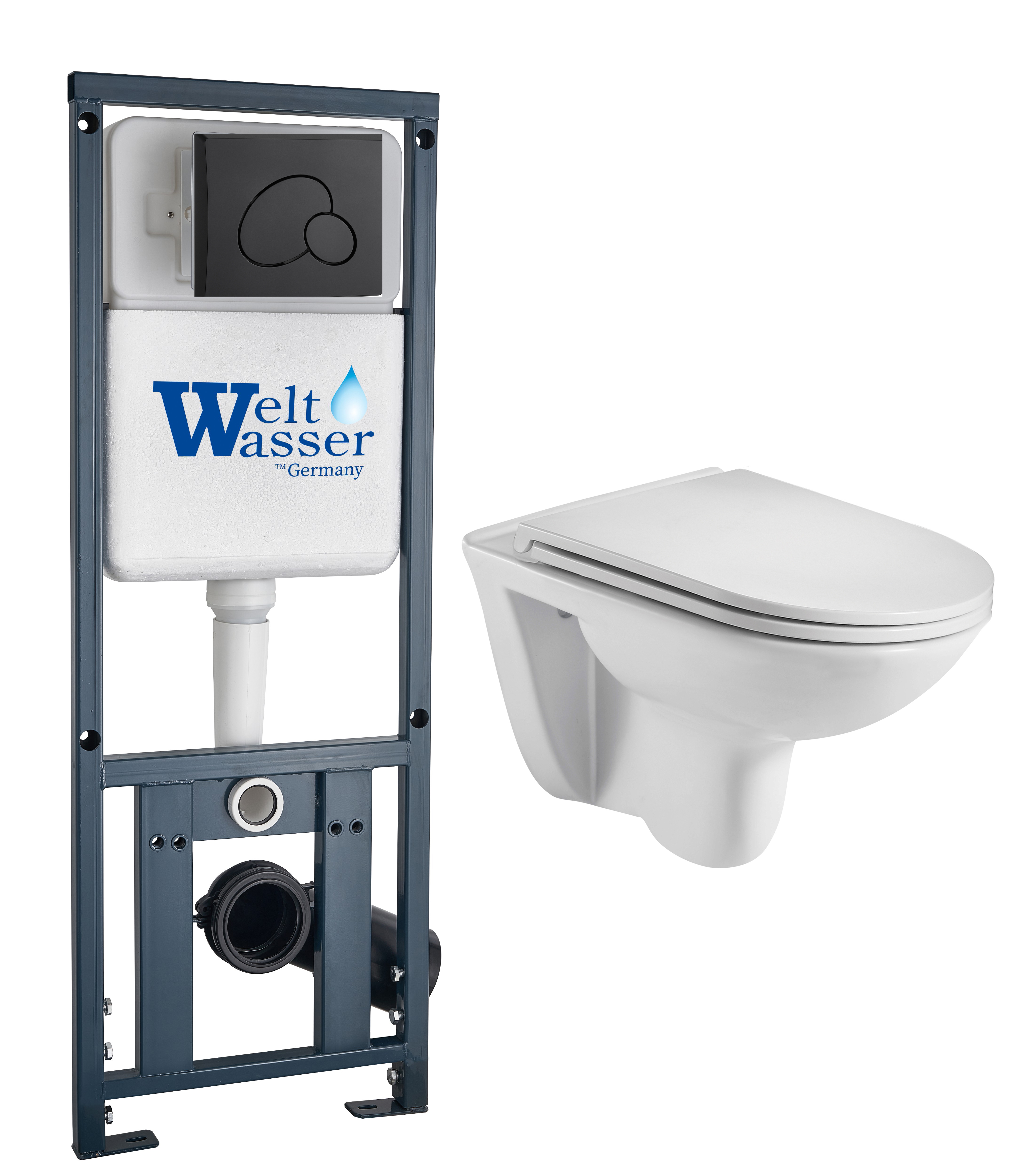 комплект инсталляции welt-wasser marberg 410 с унитазом baarbach 004 gl-wt и клавишей смыва mar 410 rd mt-bl, черный матовый