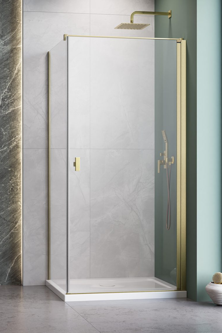 душевой уголок radaway nes brushed gold kdj i 90x90 правый, стекла прозрачные, профиль брашированное золото