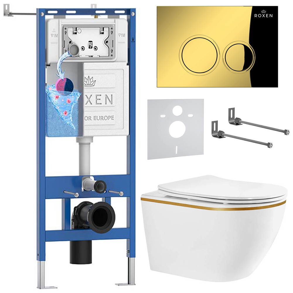 комплект инсталляции roxen 6 в 1 710200 с клавишей смыва santi 410260g золото и унитазом antares tornado 530205-01gb-l