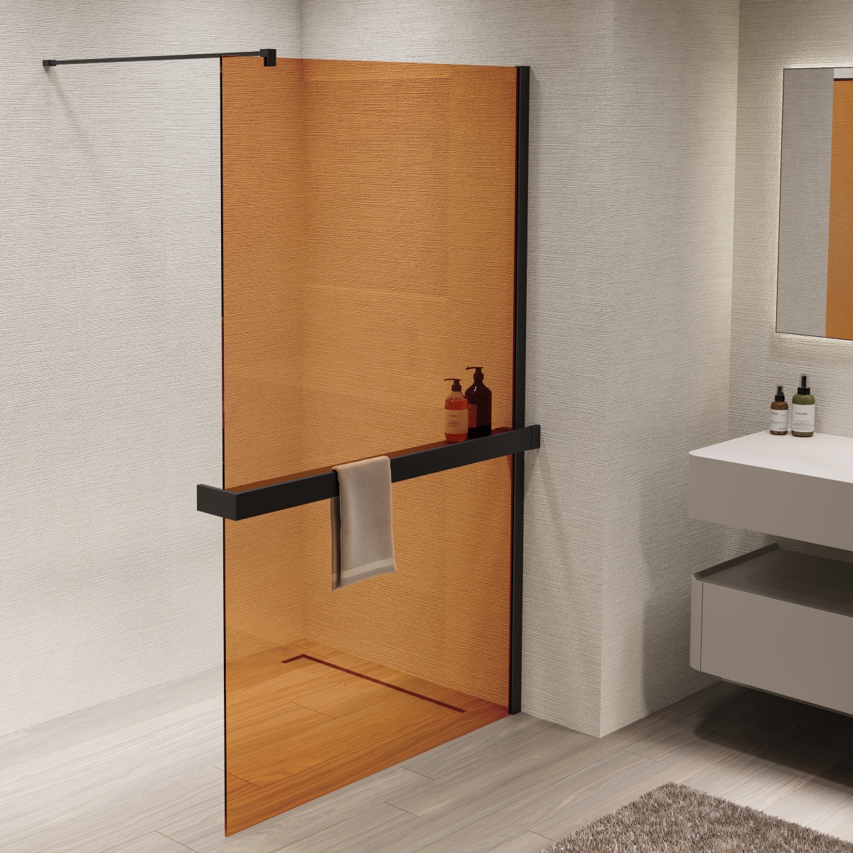 душевой уголок vincea walk-in 90x200 стекла янтарь, профиль черный матовый