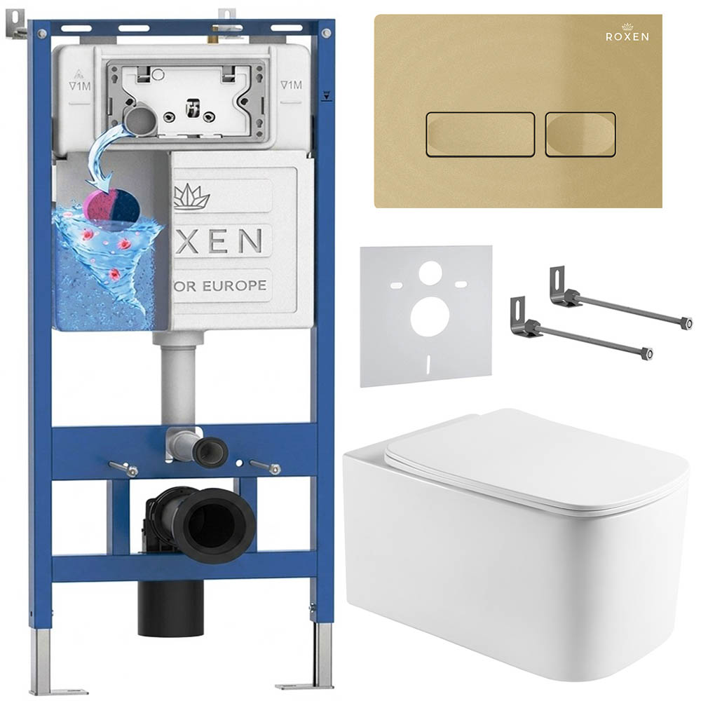 комплект инсталляции roxen 6 в 1 710200 с клавишей смыва roxen caspia 410280gb брашированное золото и унитазом berg 530235-01